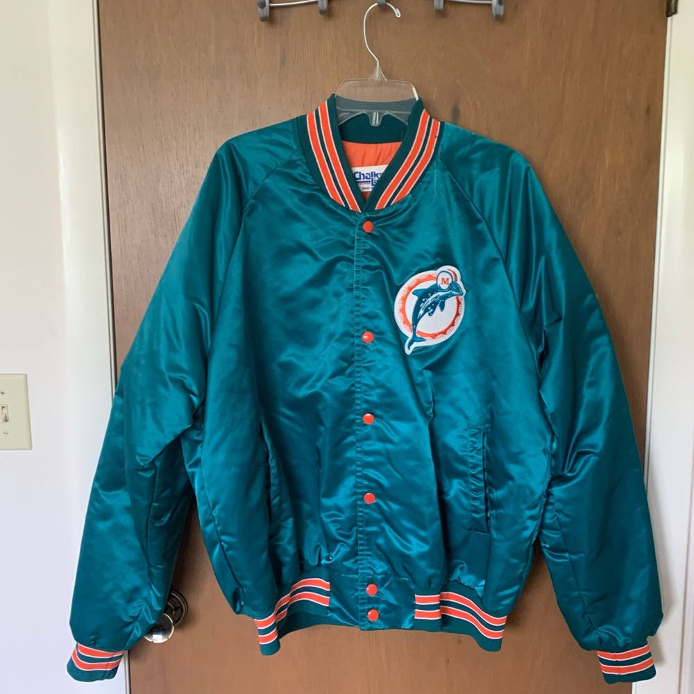 Vintage 80’s Miami Dolphins Chalk Line Satin Bomber Jacket Sz XL Made in U.S.A
